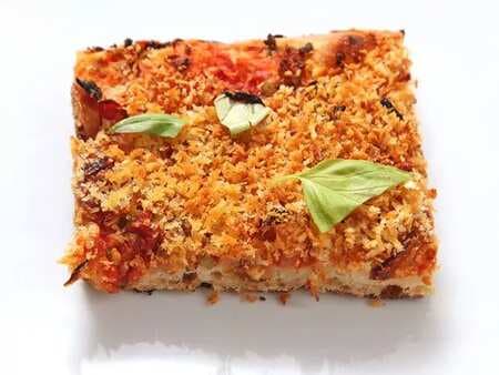 Pan Pizza With Sun-Dried Tomatoes, Caramelized Onions, Olives, And Breadcrumbs 