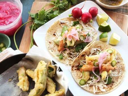 Fried-Avocado Tacos With Chipotle Cream, Cabbage, And Pickled Red Onions