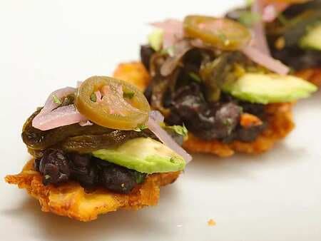 Fried Plantains With Black Beans, Roasted Poblanos, Avocado, And Pickled Red Onion