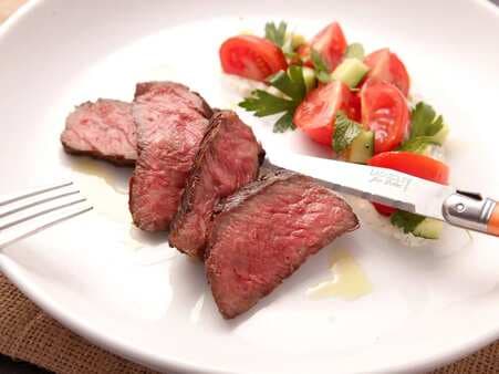 Grilled Strip Steak With Creamy Yogurt Sauce And Tomato-Cucumber Salad