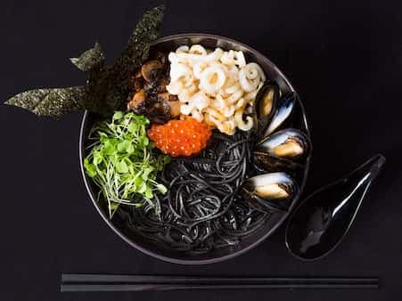 Seafood Ramen With Squid Ink, Mussels, And Salmon Roe