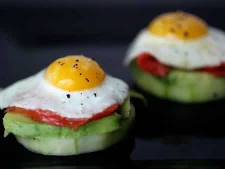 Quail Egg Canapes With Smoked Salmon, Avocado And Pickled Cucumbers