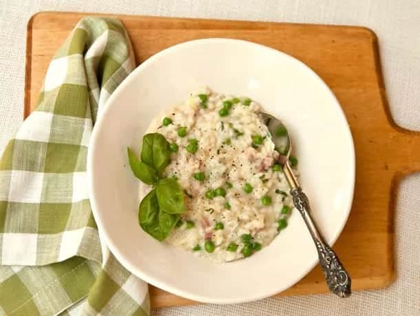 Risotto With Spring Peas, Ham, And Fontina Cheese