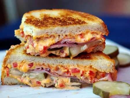 Grilled Pimento Cheese, Ham, And Homemade Pickles Sandwich