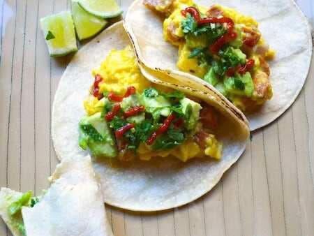 Scrambled Egg And Sausage Tacos With Avocado And Scallion