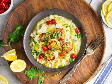 Seared Sea Scallops With Leek Risotto And Lemon-Brown Butter Sauce