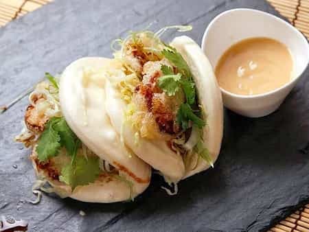 Steamed Buns With Tempura King Oyster Mushrooms And Agave-Miso Mayonnaise 