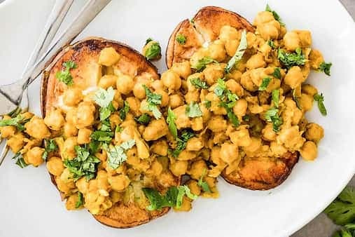 Curry Chickpea-Loaded Baked Potatoes