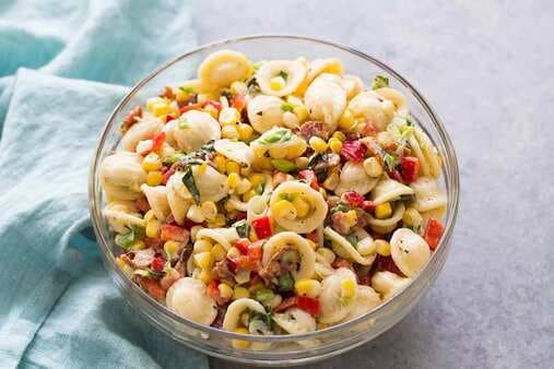 Pasta Salad With Corn, Bacon, And Buttermilk Ranch Dressing
