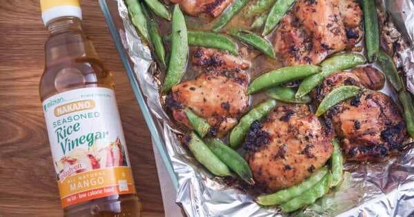 Soy And Mango Vinegar Marinated Chicken Thighs With Sugar Snap Peas