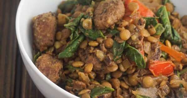 Vegetarian Sausage, Spinach, And Tomato Lentils
