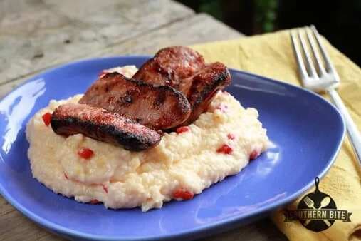 Grilled Sausage with Pimiento Cheese Grits