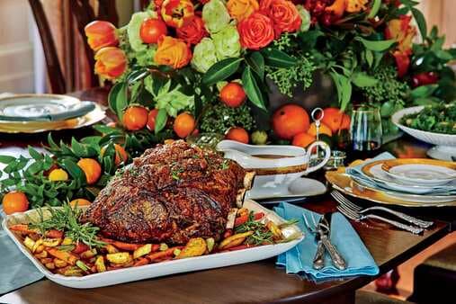 Peppercorn-Crusted Standing Rib Roast With Roasted Vegetables