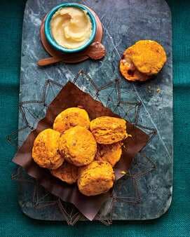 Pumpkin-Buttermilk Biscuits With Crispy Ham And Honey Butter