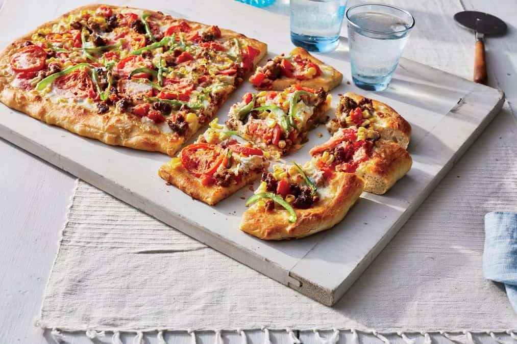 Sheet Pan Pizza With Corn, Tomatoes, And Sausage