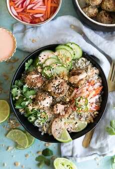 Banh Mi Pork And Shrimp Meatball Bowls With Cauliflower Rice And Pickled Veggies