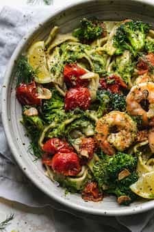 Shrimp Pasta With Dill Pesto And Garlic Roasted Tomatoes