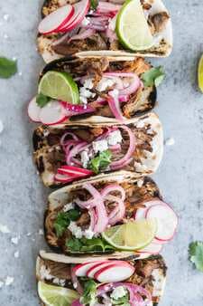 Slow Cooker Carnitas Street Tacos With Pickled Red Onions And Queso Fresco