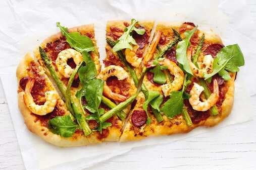 Asparagus Prawn And Chorizo Pizza