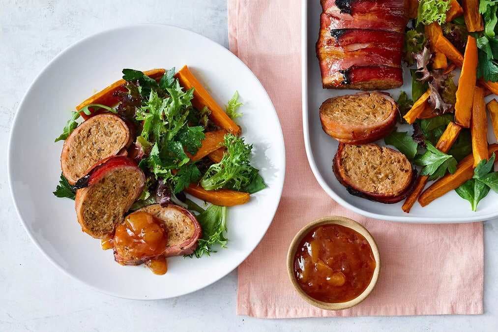 Bacon-Wrapped Chicken Meatloaf With Sweet Potato Salad