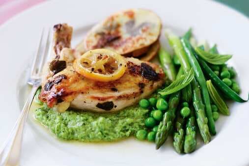 Baked Lemon Chicken With Ricotta And Spring Vegetable Puree