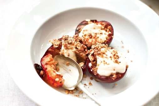 Baked Plums With Honey Pecan & Oat Crumble And Cinnamon Yoghurt Drizzle