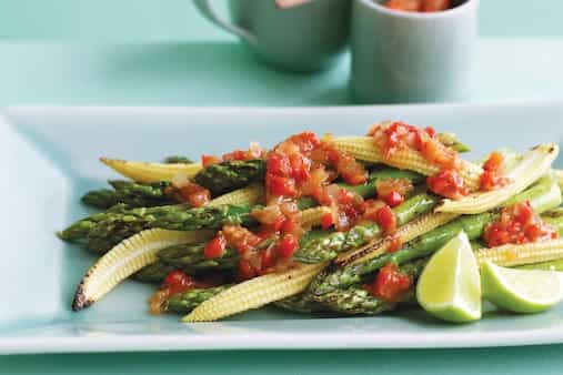 Barbecued Asparagus And Baby Corn With Chilli Jam