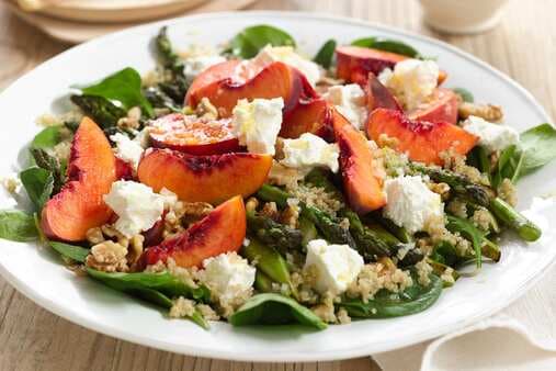 Barbecued Asparagus Salad With Spinach Quinoa Goat Cheese And Peaches