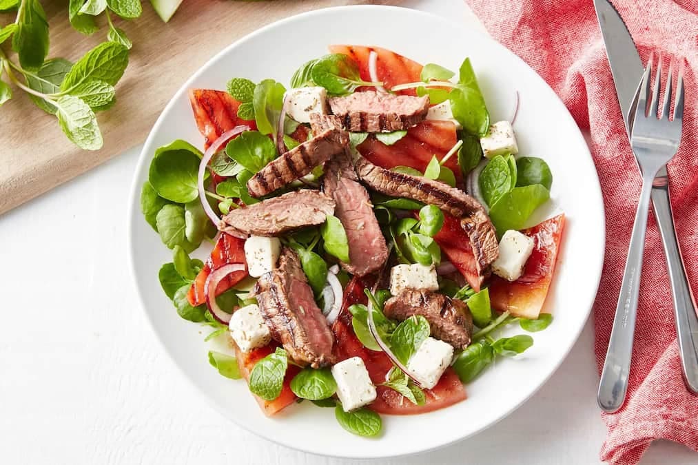Barbecued Beef With Watermelon And Watercress Salad