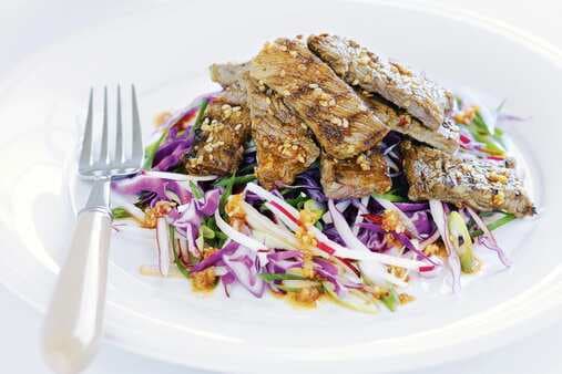 Barbecued Chilli And Sesame Beef With Red Cabbage Slaw