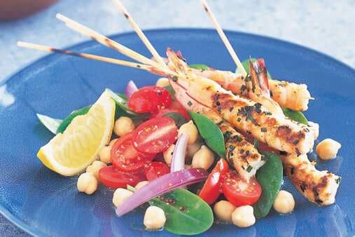 Barbecued Prawns With Chickpea And Spinach Salad