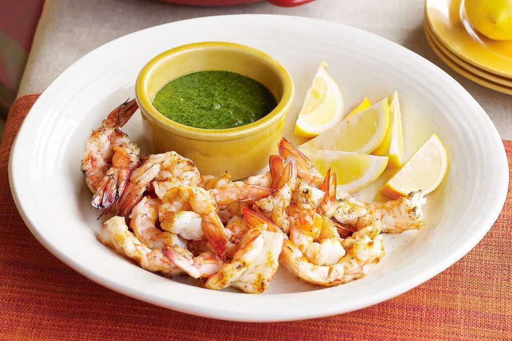 Barbecued Prawns With Green Chilli And Parsley Sauce
