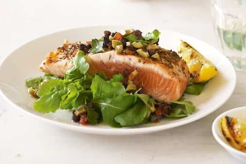Barbecued Salmon With Rocket And Char-Grilled Lemons