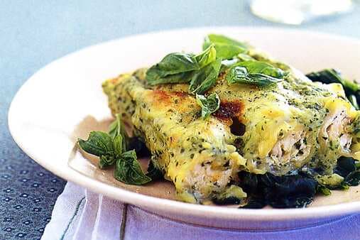 Basil Chicken Cannelloni On Wilted Spinach