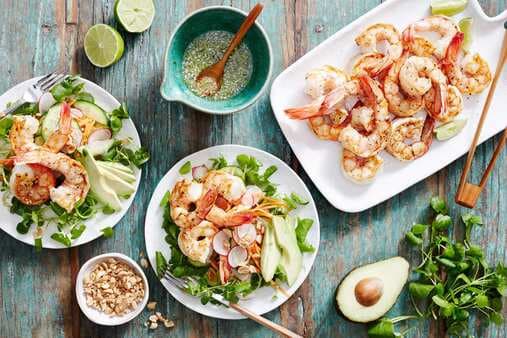 BBQ Salt And Pepper Prawns With Avocado And Snow Pea Sprouts