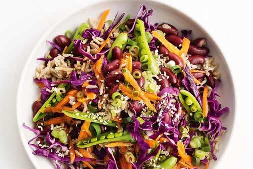 Brown Rice Bean Sesame And Shredded Vegetable Salad With Tamari Dressing