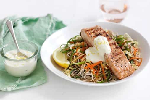 Char-Grilled Salmon With Soba Noodle Slaw And Wasabi Mayo