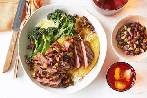 Chargrilled Beef With Polenta And Olive Salsa