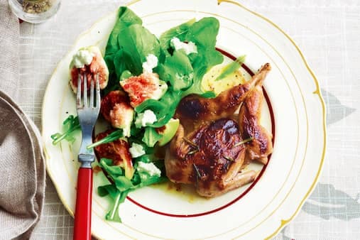 Chargrilled Quail With Figs Rocket Ricotta And Mint