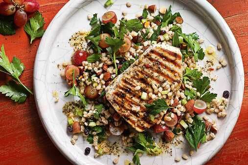Chargrilled Swordfish With Grape Almond & Barley Salad