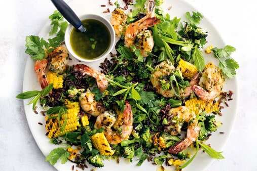 Charred Broccoli And Prawn Black Rice Salad