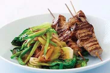 Chinese-Style Pork Skewers With Asian Greens