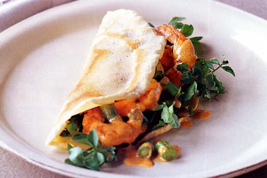 Coconut Crepes With Prawn Red Curry