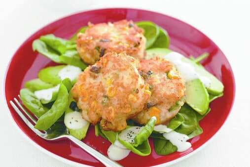 Crab And Corn Cakes With Spinach And Avocado Salad