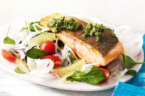 Crispy Salmon With Pesto And Fennel Salad