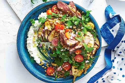 Cumin-Spiced Lamb With Eggplant And Freekeh Salad