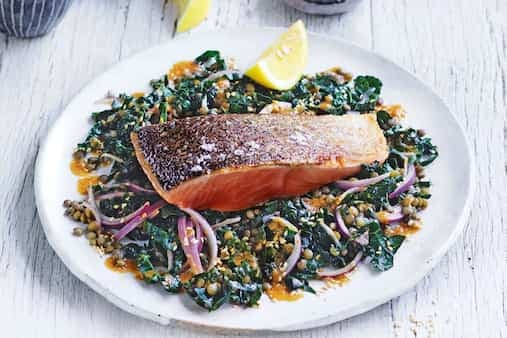 Curtis Stone's Crispy Salmon With Lentils Kale And Miso-Sesame Dressing