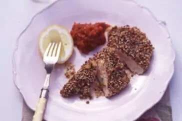 Dukkah-Crusted Chicken With Moroccan Tomato & Cardamom Sauce