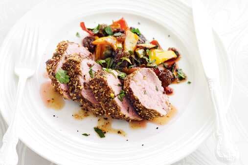 Dukkah-Crusted Pork With Sweet And Sour Capsicum