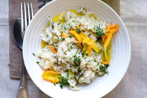 Farmers' Market Risotto With Zucchini And Ir Flowers